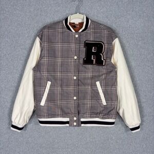 H&M Varsity Letterman Jacket XXS Brown Cream Bomber Faux Leather 50s Rockabilly